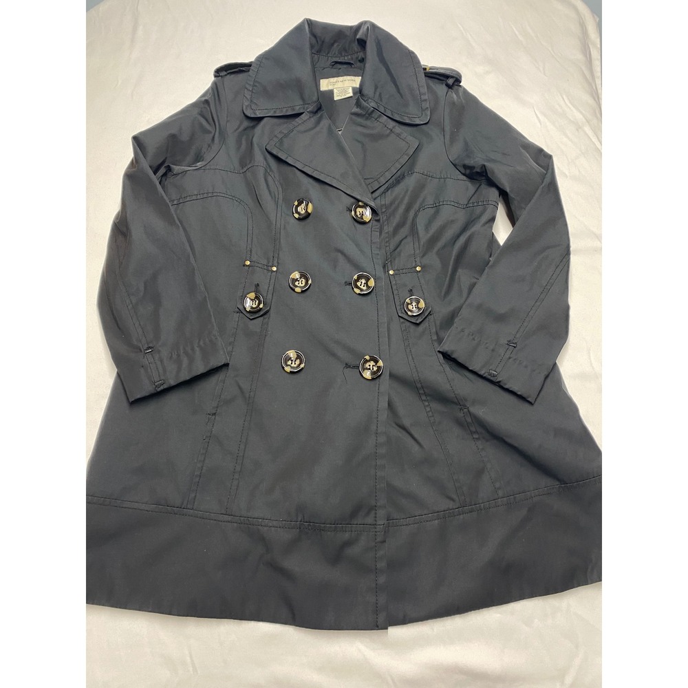 Jones New York Sport Womens Black Double Breasted Trench Coat Large Epaulettes